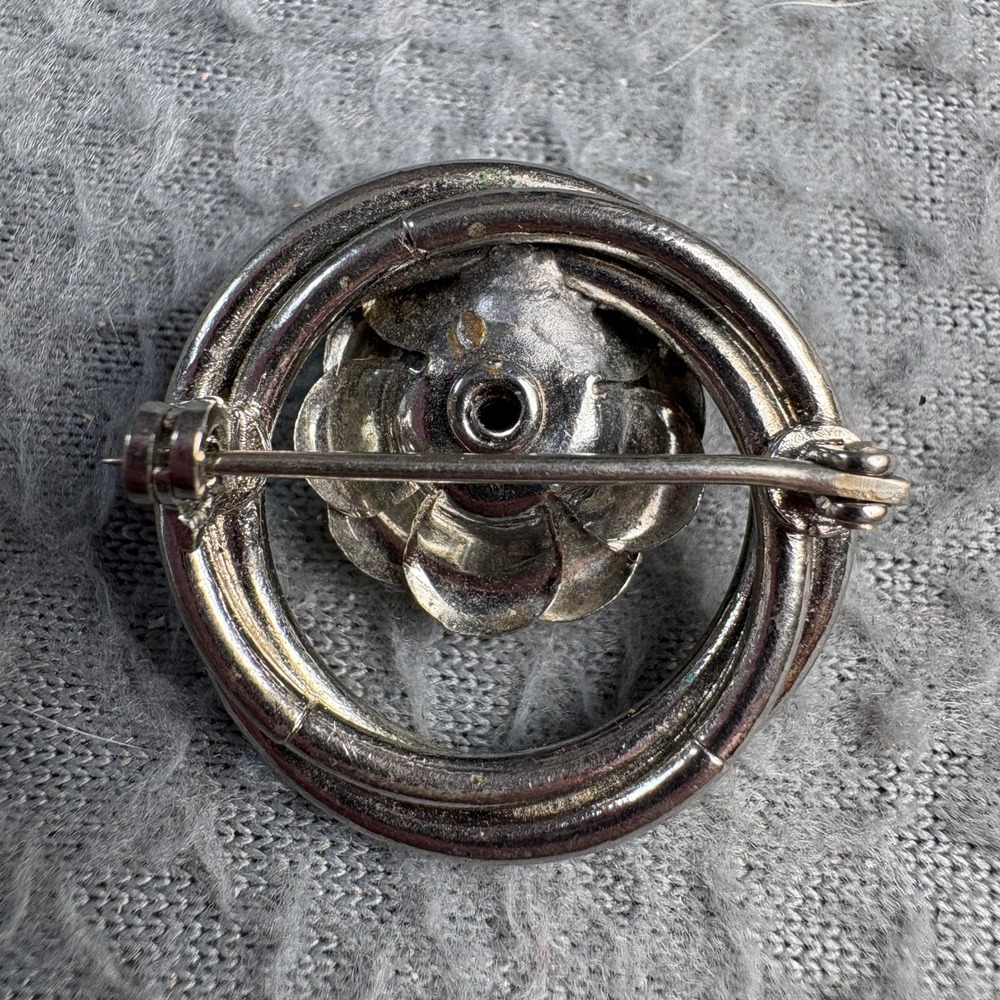 Vintage Silver Tone Rose Flower Brooch Double Circle Ring Floral Pin 1.25 Inch